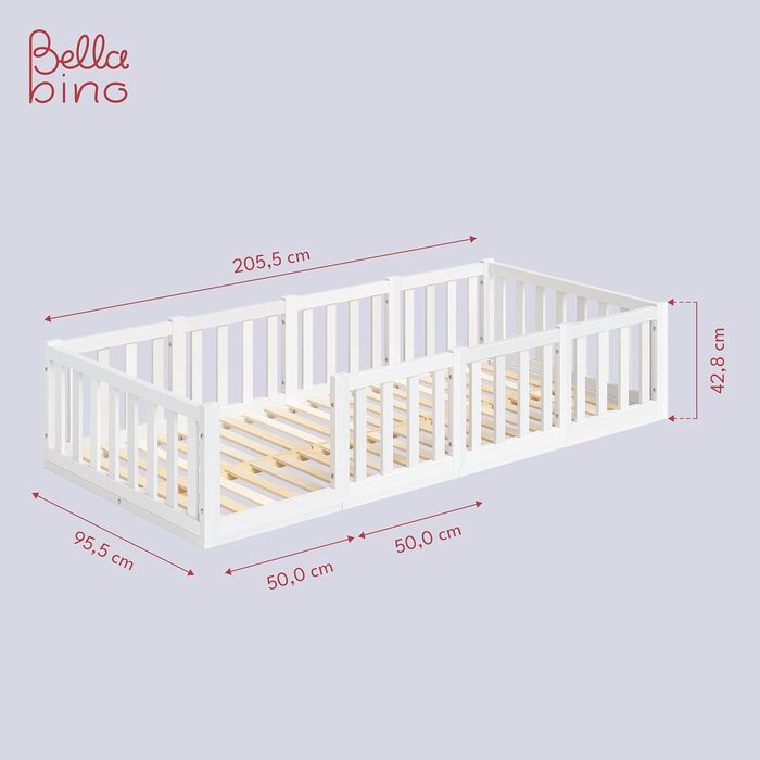 Ліжко Bellabino Tapi 90x200 см, дитяче ліжко із захистом від випадіння, включаючи рейкову раму, підлогове ліжко Монтессорі для хло