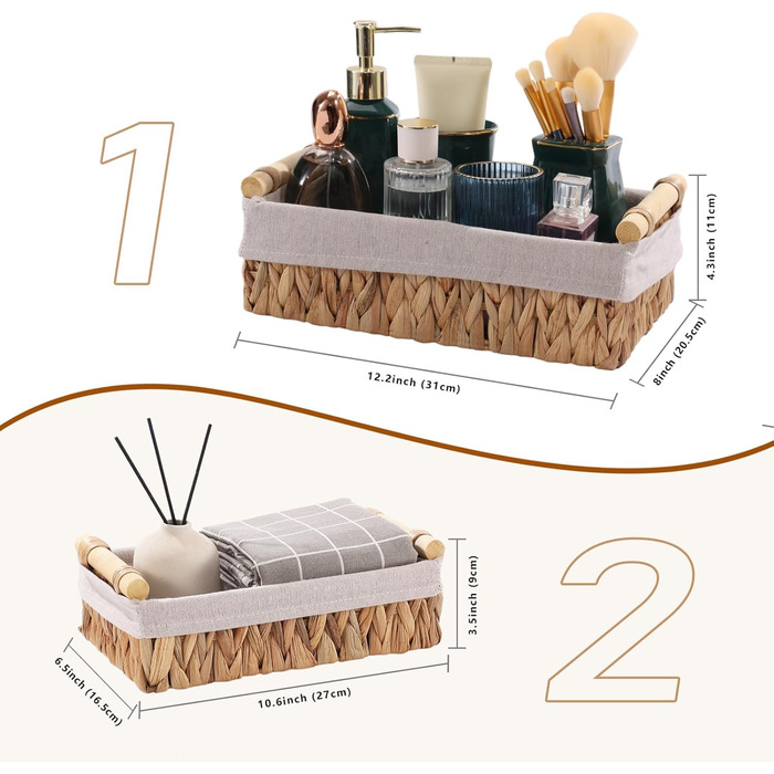 Плетені кошики для зберігання з ручками, комплект кошиків для ванної кімнати з 2 предметів з ротанга, плетені кошики з полицями ручної роботи, кошик для зберігання рушників та туалетного паперу, водяний гіацинт