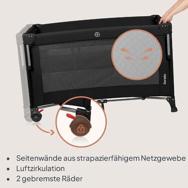 Дорожнє ліжечко Lionelo Ellen 3-в-1 для дітей від 0 до 3 років, приліжкове ліжечко для новонароджених та дітей старшого віку до 15 кг, 2 рівні висоти матраца, ремені кріплення, бічна блискавка, 2 колеса, сумка, чорний колір