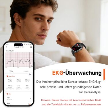 Чоловічий смарт-годинник з ЕКГ/BAT/ІМТ/ВСР/сечовою кислотою/світлодіодним підсвічуванням, 2.0-дюймовий годинник для здоров&39я з 24-годинним вимірюванням артеріального тиску, SpO2, монітором серцевого ритму, температурою тіла, монітором сну/апное, екстрен