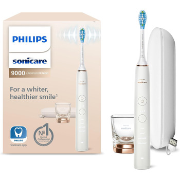 Електрична зубна щітка Philips Sonicare DiamondClean 9000, звукова зубна щітка з додатком, датчик тиску, 4 режими чищення, 3 рівні інтенсивності, зарядне скло та футляр USB, рожеве золото, модель HX9911/94