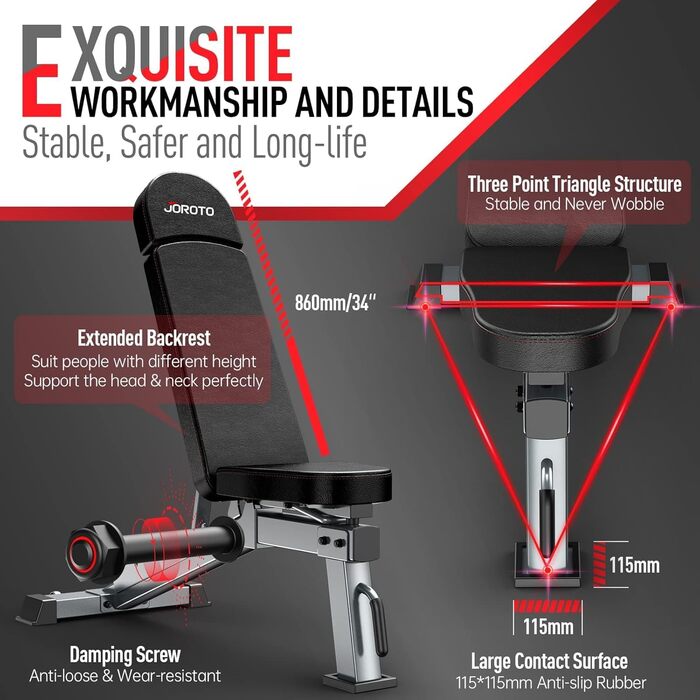 Силова лава преміум-класу JOROTO Практична фітнес-лава, підходить як похила та горизонтальна лава, лава для жиму лежачи для тренування всього тіла MD80, складна плоска регульована лава для живота