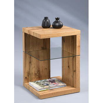 Приставний столик/тумбочка колекції M2 Domingo Сучасний дизайн МДФ з декором дикого дуба Додаткове місце для зберігання Безпечне скло, 40x40x60 см Універсальне використання Domingo 1