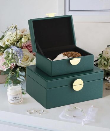 Шкатулки для ювелірних виробів HofferRuffer зі штучної шкіри, декоративні шкатулки, шкатулки для зберігання, органайзери для аксесуарів із золотистою фурнітурою, класична веганська шкіра, набір з 2 шт. (зелений)