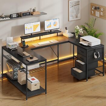 Кутовий письмовий стіл YITAHOME з 4 шухлядами, розеткою, USB та LED-підсвіткою, 158 см, чорний