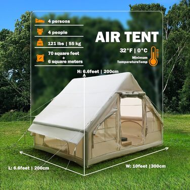 Надувний кемпінговий намет з насосом, надувний намет Oxford 420D для кемпінгу, водонепроникний до 3000 мм, вітрозахисний намет-кабінка на 4 сезони з сітчастими вікнами, розрахований на 3-4 особи, з каміном / 300 x 200 x 200 см