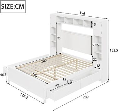 Настінне ліжко 140x200, настінне ліжко з рейковою основою, ліжко-мерфі з 4 шухлядами та великою шафою для зберігання, ліжко з масиву дерева, двоспальне ліжко, каркас ліжка (білий) A-white