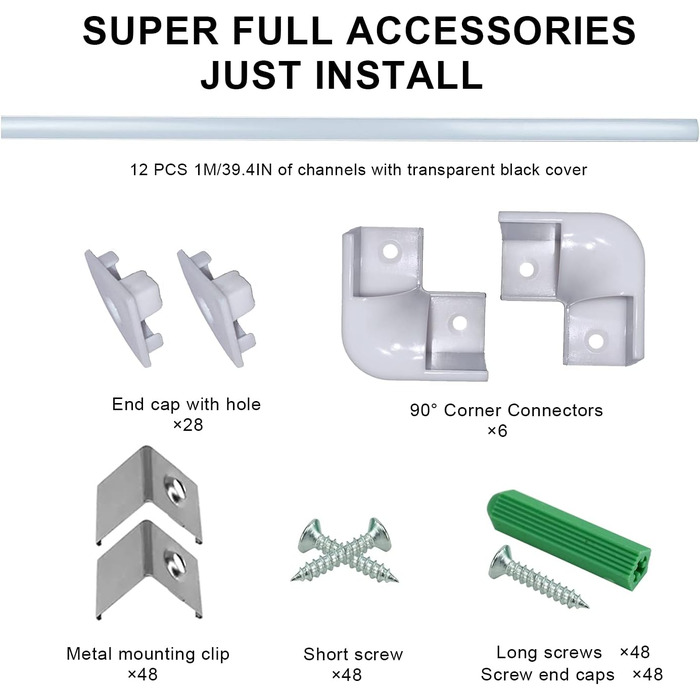 Світлодіодний алюмінієвий профіль SENXINGYAN 1 м, 12 упаковок V-подібний світлодіодний профіль/світлодіодні канали з молочно-білою кришкою, світлодіодні дифузори з торцевими кришками, монтажними кліпсами та кутовими роз'ємами молочний V-подібний 12 шт.
