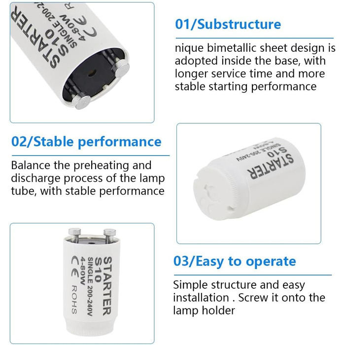 Пускач для люмінесцентних ламп BlueXP 12 шт. Стартер S10 longlife 4-80 Вт 200-240 В пускач для люмінесцентних ламп індивідуальне перемикання люмінесцентних ламп