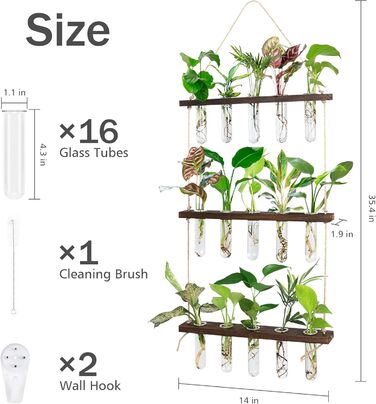 Підвісна станція розмноження настінна ваза пробірка пробірка ваза станція розмноження для гідропонних рослин старовинна декоративна ваза з дерев'яною полицею для домашнього офісу вітальня кухня, 15 пробірок, 3 рівні