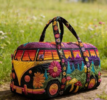 Дорожня сумка TIAASTAP Hippie Van VW Bulli - барвиста богемна стьобана сумка для вихідних зі знаком миру та ромашками, стьобана дорожня сумка, сумка для кемпінгу для свят, карнавалу та вечірок 3