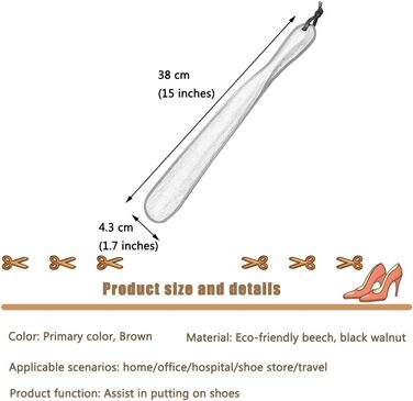 Ріжок для взуття - Home Ріжок для взуття середньої довжини, підйомник для взуття з шліфованого, гладкого бука/горіха, портативний дорожній ріжок для взуття з ремінцем для зберігання (колір коричневий*1, розмір 38*4,3 см) (колір основний колір 38*4,3 см ос