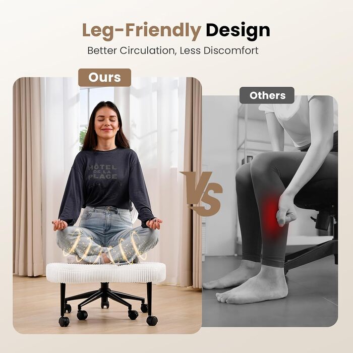Офісний стілець зі схрещеними ніжками, поворотний на 360, ергономічний стілець для коліна, хрестоподібний офісний стілець з регульованою висотою, стілець для медитації з СДУГ та спинкою, вельветова тканина, білий ребристий вельвет