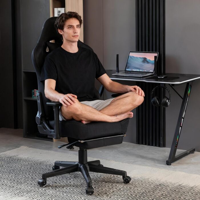 Ігрове крісло Symino з латексною подушкою сидіння, вантажопідйомність 300 кг, ергономічне комп&39ютерне крісло з поперековою опорою та підголівником з піни з ефектом пам&39яті, дихаюче офісне крісло зі штучної замші, чорне