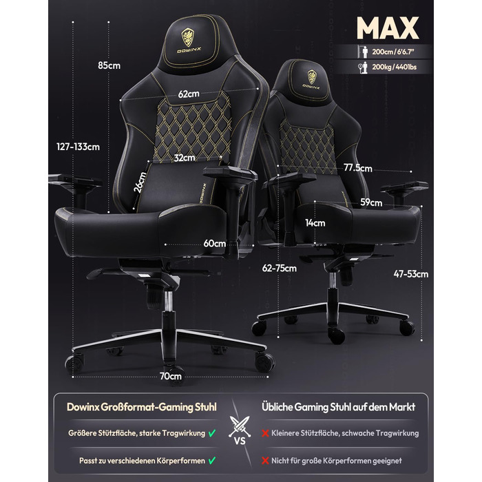Ігрове крісло Dowinx, вантажопідйомність 200 кг, крісло керівника, ергономічне офісне крісло з 4D підлокітниками та поперековою опорою, ігрове крісло з регульованою висотою для геймерів та кіберспорту, чорне