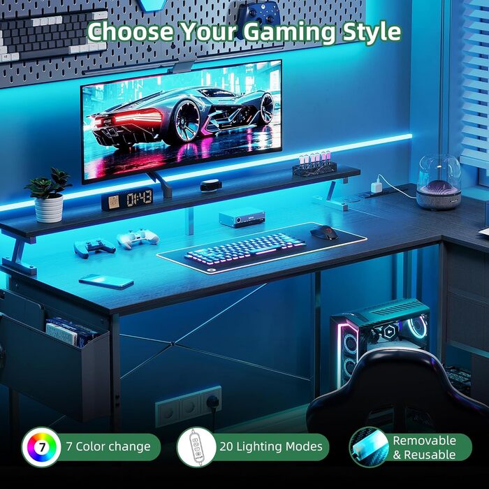 Г-подібний ігровий стіл VERMESS з 4 шухлядами, 160 см, двосторонній, столи для домашнього офісу з розетками, Г-подібний комп&39ютерний стіл з портом зарядки USB та підставкою, кутовий стіл 160,02 см чорний