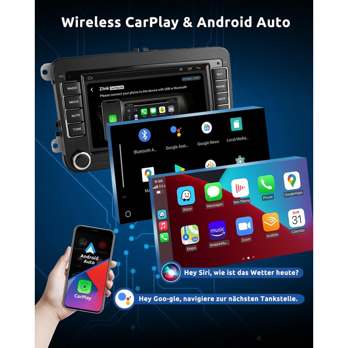 Автомобільне радіо Essgoo 464G Android 14 для VW Caddy Golf MK5 6 Polo Passat Seat RCD330 з бездротовим CarPlay Android Auto, 2 Din радіо з 7-дюймовим сенсорним екраном Bluetooth FM RDS GPS WiFi
