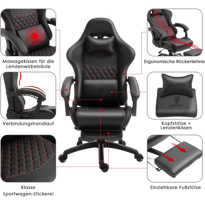 Ігровий стілець Dowinx Офісний стілець Ергономічний стілець для ПК з масажною поперековою підтримкою, гоночний стілець зі шкіри PU
