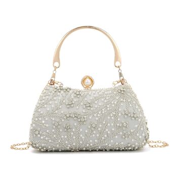 Жіноче клатч з перлинною вишивкою. Елегантна кришталева сумочка для весілля, вишукана вечірня сумочка, сумка для нареченої на ланцюжку для вечірок та випускних, срібляста.