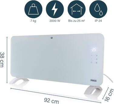 Розумний конвектор Princess Smarte 1500/2000 Вт керування через безкоштовний додаток скляна панель можливість настінного монтажу з LED-сенсорним екраном, білий