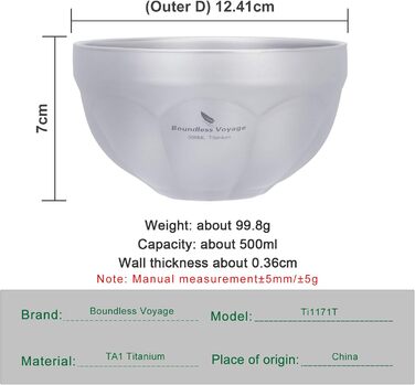 Титанова миска Boundless Voyage з подвійними стінками, для активного відпочинку, кемпінгу, металева миска, надлегка, портативна миска для вівсянки, рису, супу, йогурту, салату (500 мл - Ti1171t) 500 мл - Ti1171t