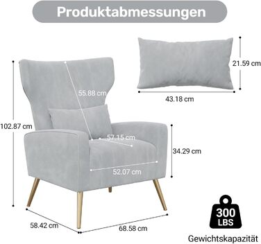 Крісло-рекордер/односпальний диван/крісло під телевізор/крісло-підголовник з підголівником та золотистими металевими ніжками, оксамит, до 130 кг, спальня, вітальня, сірий, комплект з