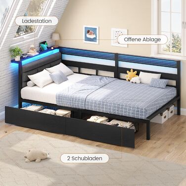 М&39який диван-ліжко 90x200 зі світлодіодним освітленням, зарядною станцією, кушеткою, дитячим ліжком з 2 шухлядами та металевим рейковим каркасом, м&39яким узголів&39ям з відкритим місцем для зберігання, чорний 90 x 200 см