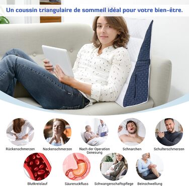 Універсальна клиноподібна подушка INFANZIA для ліжка та дивана - подушка для читання з піни з ефектом пам&39яті - ергономічна клиноподібна подушка для ліжка від рефлюксного апное сну, ідеальна подушка для спини для підтримки спини під час гри (білий/синій