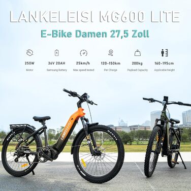 Жіночий електровелосипед LANKELEISI MG600 Lite 27,5-дюймовий електричний велосипед Step-Through з акумулятором 36 В 20 Аг, запасом ходу 150 км, 8-швидкісний чоловічий електровелосипед для міських, стежкових та дорожніх їзд, сірий