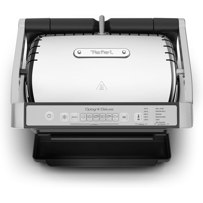Контактний гриль Tefal OptiGrill Deluxe, 6 програм, індикація рівня приготування, 5 рівнів температури, знімні пластини, електрогриль, нержавіюча сталь, GC707D16