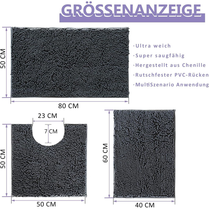 Килимки для ванної RUN HELIX, комплект з 3 шт. , комплект килимків для ванної кімнати, нековзні килимки та килимки для ванної, що миються, комплект для душу, ванни, декор для туалету (темно-сірий) темно-сірий 40 x 60 50 x 80 50 x 50 см (прямокутний)