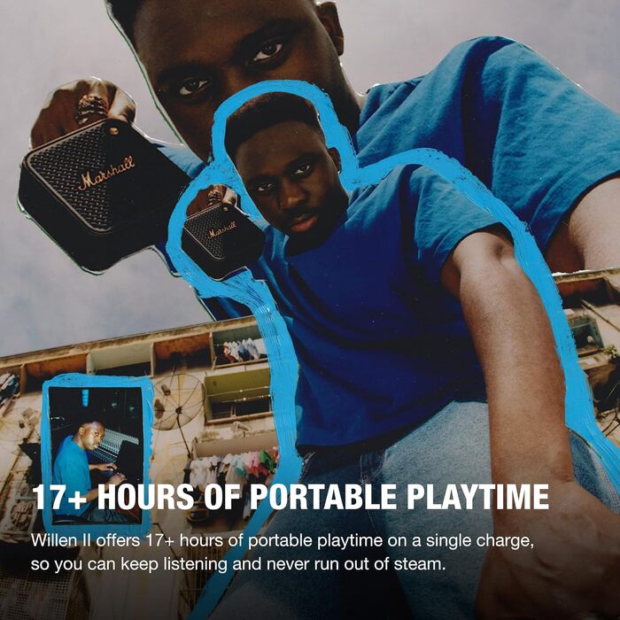 Бездротова Bluetooth-колонка Marshall Willen II, понад 17 годин без підзарядки, водонепроникна за стандартом IP67 - чорний і латун