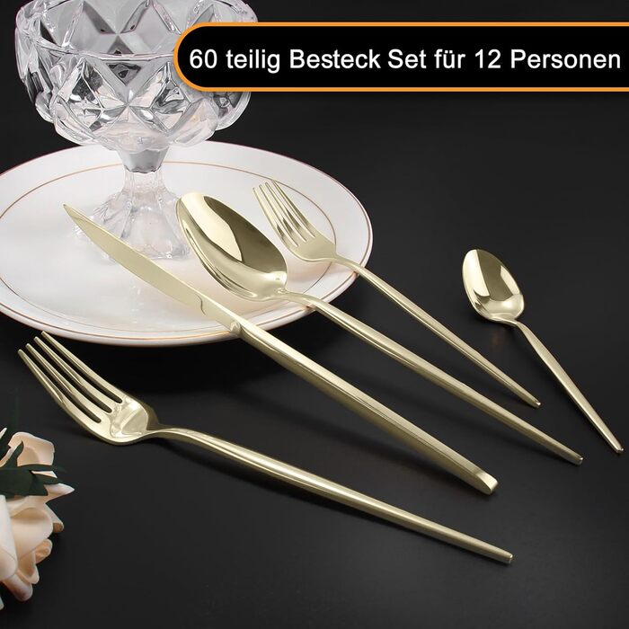 Набір столових приборів на 12 осіб, 60 предметів, колір шампанське золото, ніж з нержавіючої сталі, виделка, ложка, полірований набір столових приборів з високим глянцем, блискучі столові прибори, можна мити в посудомийній машині, колір шампанське на 60 п