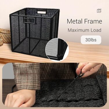 Кошик для зберігання, складний кошик, плетений з паперу водяного гіацинта, полиця-кошик Kallax куб 28 см, декоративний плетений кошик ручної роботи для ванної кімнати, вітальні, спальні, 28x28x28 см, чорний
