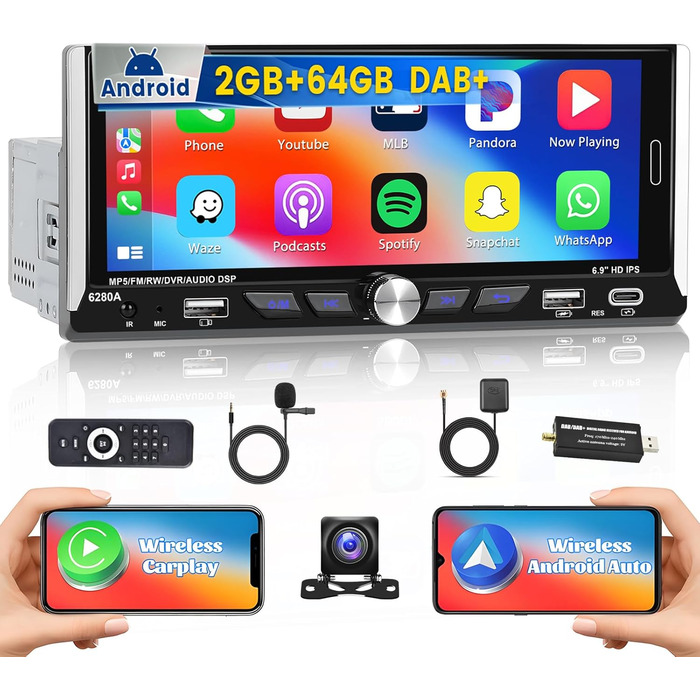 Автомобільне радіо Hikity DAB/DAB з навігацією 1Din з бездротовим Carplay Android Auto, Android 13 6,9-дюймовий сенсорний екран Din 1 Radio з GPS WiFi Bluetooth Mirror Link FM AUX TF USB SWC Камера заднього виду, 2G64G
