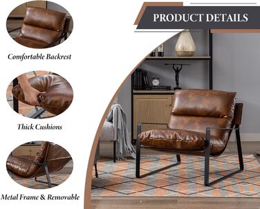 Крісло для вітальні, крісло для читання з підлокітниками, сучасне крісло для відпочинку з металевим каркасом, штучна шкіра, коричневий колір