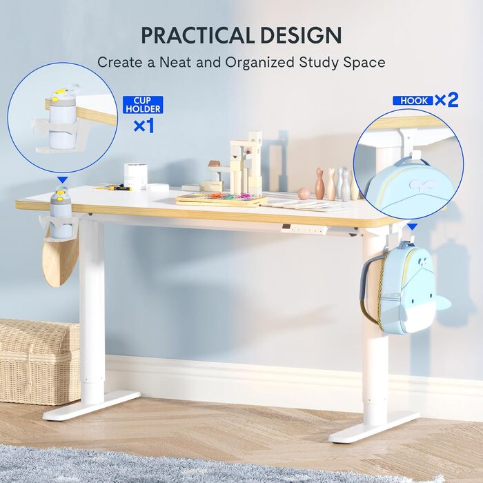 Дитячий письмовий стіл FLEXISPOT, з електричним регулюванням висоти, для дітей віком від 6 років, зі світлодіодним дисплеєм висоти, 3 положеннями пам&39яті, блокуванням від дітей та ергономічною стільницею, 110 x 52 см, білий