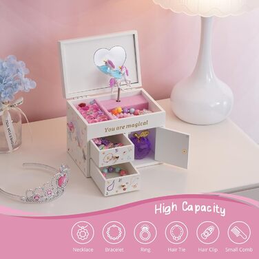 Шкатулка для ювелірних виробів Lolalet для дівчаток, дерев&39яний органайзер для ювелірних виробів з єдинорогом, шкатулка для ювелірних виробів для намиста, сережок, браслета, годинника, помади, кільця - біла