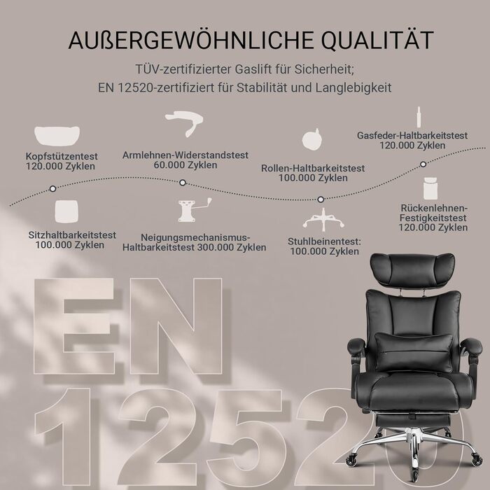 Офісне крісло BASETBL 200 кг, крісло керівника з 4-рівневою газовою пружиною, 3D-підлокітники, регульована поперекова опора та підголівник, тихі гумові ролики, широке сидіння XXL, EN12520, ергономічне офісне крісло чорного кольору з гумовими роликами