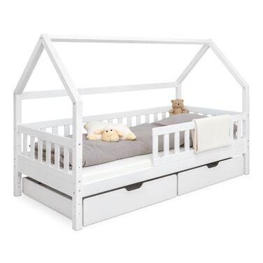 Ліжко Ehrenkind Lille House Дитяче ліжко зі знімними захисними поручнями з масиву дерева, сертифіковане FSC, включаючи шухляди Ліжко House 90x200 Дитяче ліжко 90x200 Біле 90 x 200 см з шухлядами