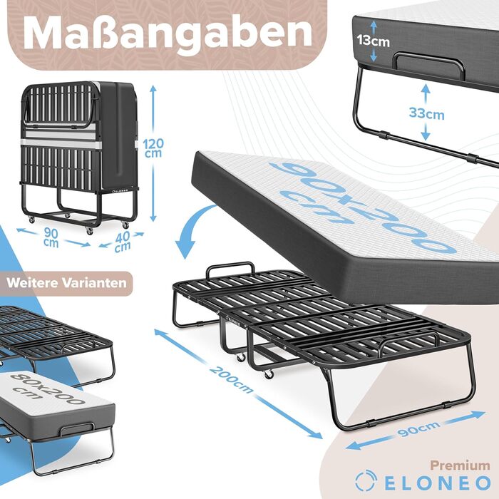 Розкладне ліжко ELONEO 90x200 см, включаючи преміум-матрац Розкладне гостьове ліжко, вантажопідйомність до 250 кг Розкладне дорожнє ліжко з металевим каркасом та транспортними колесами Настінне ліжко, включаючи захисний чохол, розкладне ліжко 90x200 см з 