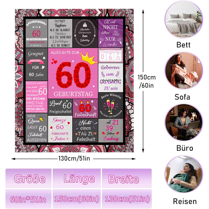 Подарунків для жінок плед, пухнастий плед, подарунок на 60-річчя жінки, подарунок на день народження сестри, дівчини, доньки, матері, дружини, найкращої подруги, подарунок на День матері, 150x130 см, 60-річчя, 60