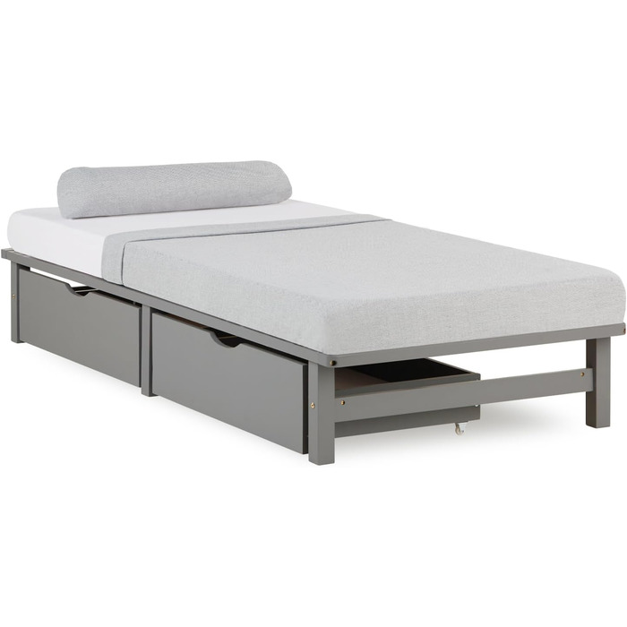 Ліжко з масиву дерев&39яних піддонів Homestyle4u 90x200 см з шухлядами, каркас ліжка з рейковою основою, сіра сосна, масив деревини 90 x 200 см, без матраца, сірий