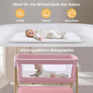 Дитяче ліжечко, переносне ліжечко з матрацом для дитячих ліжок на колесах, дорожнє ліжечко з москітною сіткою та місцем для зберігання для немовлят та новонароджених, легка та дихаюча сітчаста конструкція, рожевий колір