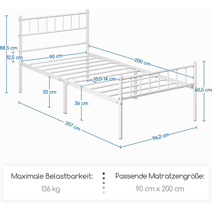 Металеве ліжко Yaheetech 90 x 200 см Каркас ліжка з узголів&39ям Металевий каркас ліжка Гостьове ліжко з рейковою основою для спальні Гостьова кімната Білий Білий 90 x 200 см