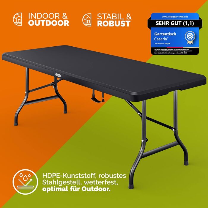 Садовий стіл Casaria 183x76 см, складний, водонепроникний, портативний, пластиковий, на 8 осіб, садовий, патіо, кемпінговий, балконний, розкладний, фуршетний, антрацит