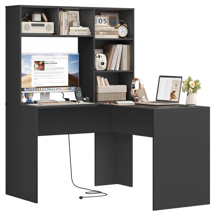 Кутовий письмовий стіл FirFurd з подовжувачем, L-подібний комп&39ютерний стіл з книжковою полицею, стіл для ПК/ноутбука для офісу, кабінету, вітальні, домашнього офісу, чорний, 153 x 125 x 108 см