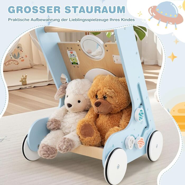 Дерев&39яні ходунки для дітей віком від 1 року з дзеркалом та дошкою для активності, допоміжний пристрій для ходьби Монтессорі, іграшка для ходьби, дерев&39яна іграшка для хлопчиків та дівчаток (синя)