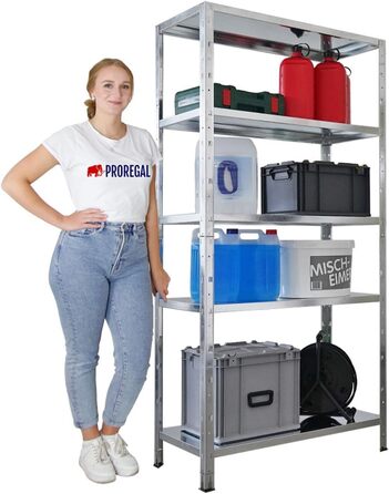 Надміцний стелаж з металевими полицями, ВxШxГ 180x90x40 см, 5 рівнів, навантаження на полицю 125 кг, оцинкований, металевий, металевий стелаж, кухонний стелаж, стелаж для підвалу, стелаж без болтів, гаражний стелаж, стелаж для зберігання, 180x90x40 см, оц