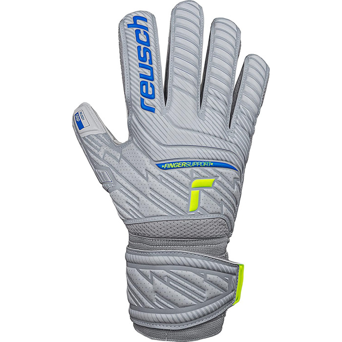 Воротарські рукавиці Reusch чоловічі Attrakt Finger Support унісекс зі зрізом зовнішнього шва та покриттям для зчеплення, підходять для всіх поверхонь поля Футбольні рукавиці із захистом пальців для дорослих світло-сірі - сині - жовті 10